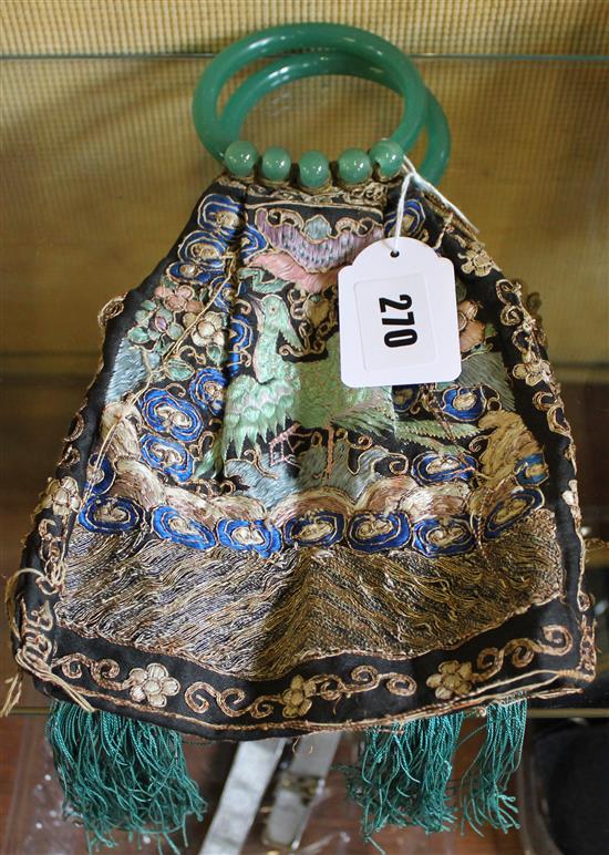 Chinese embroidered bag with green jade coloured handles and tassels (made from a Mandarin rank badge)